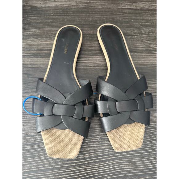Yves Saint Laurent Beige Jute and Black Tribute Flat Slide Sandals Sz. 10.5 - Picture 1 of 8